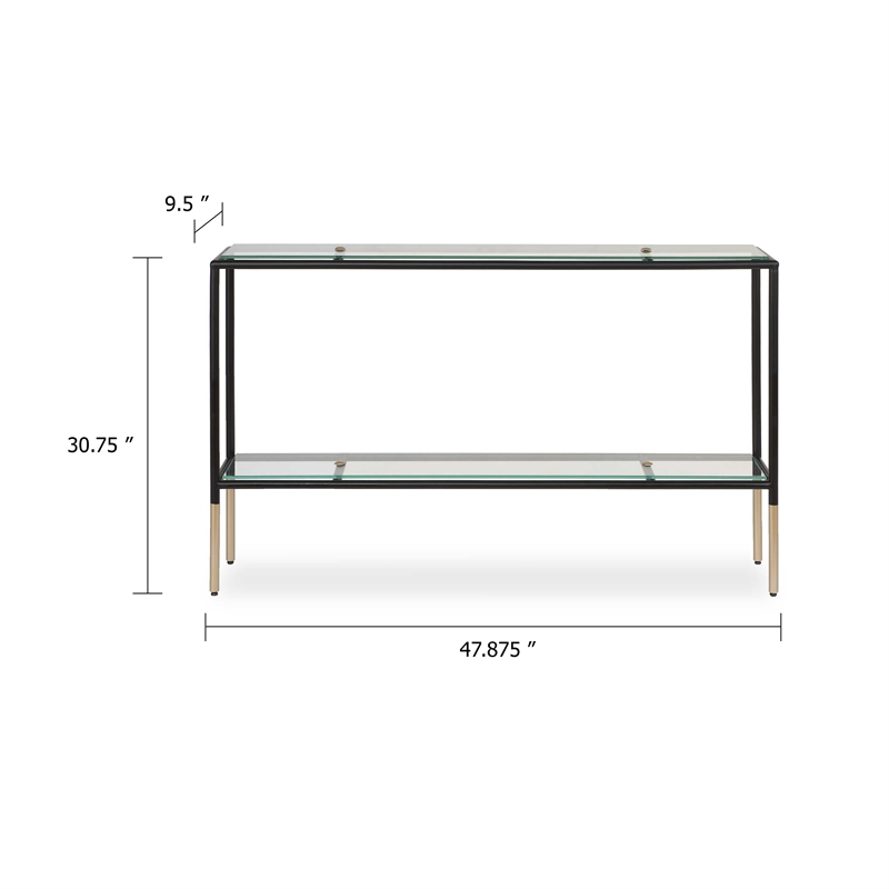 Sofa Console Table- 48 Inch Glass Top- 1 Shelf- Modern Black Iron