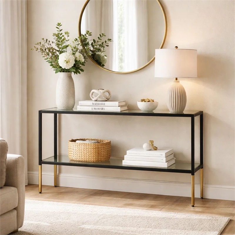 Sofa Console Table- 48 Inch Glass Top- 1 Shelf- Modern Black Iron