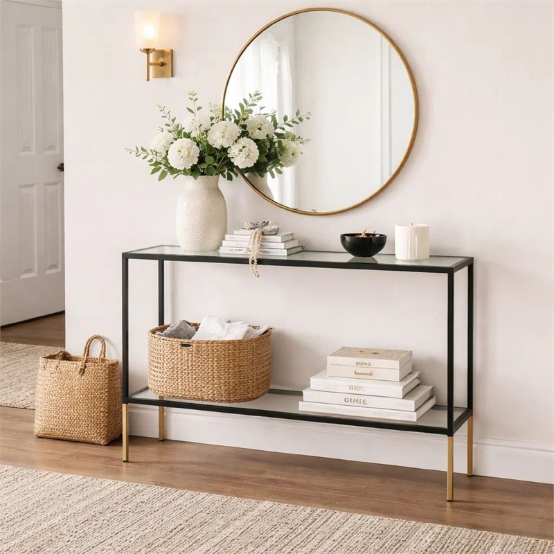 Sofa Console Table- 48 Inch Glass Top- 1 Shelf- Modern Black Iron