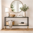 Sofa Console Table- 48 Inch Glass Top- 1 Shelf- Modern Black Iron