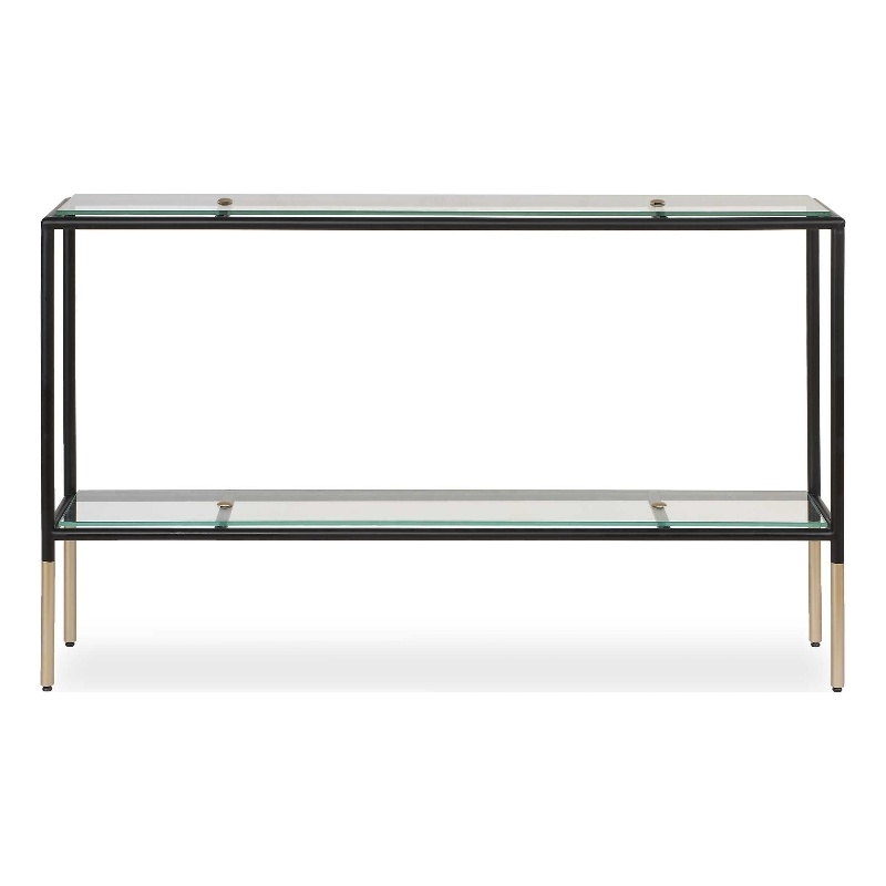 Sofa Console Table- 48 Inch Glass Top- 1 Shelf- Modern Black Iron