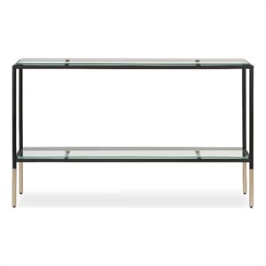 Sofa Console Table- 48 Inch Glass Top- 1 Shelf- Modern Black Iron