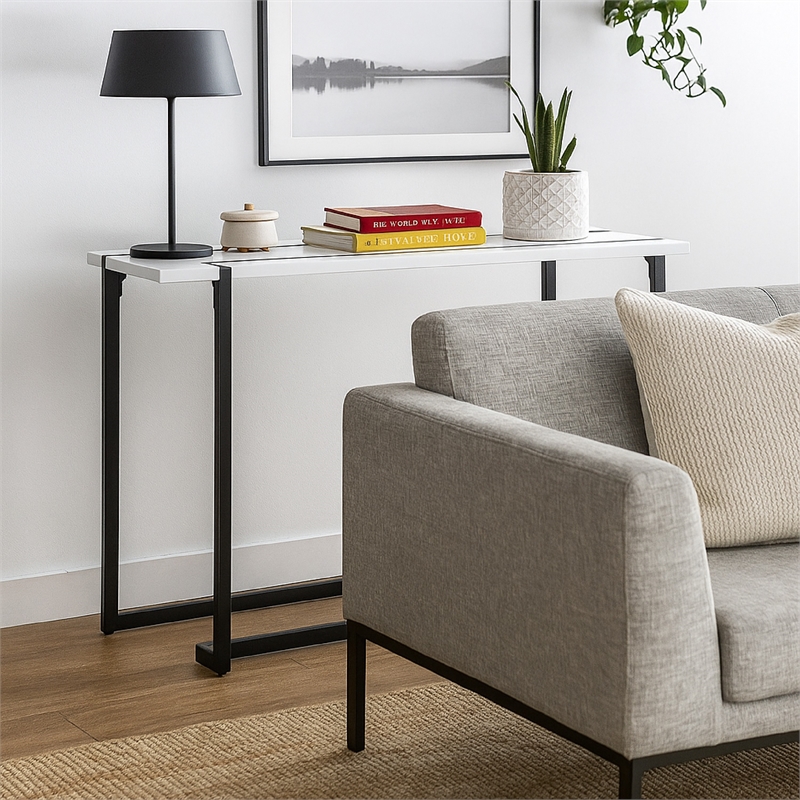 Sofa Console Table- Black Steel Sled Base- 47 Inch- White Lacquer