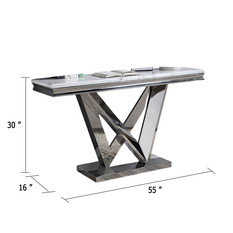 Sofa Console Table- Beveled Faux Marble- Chrome Steel V-Base