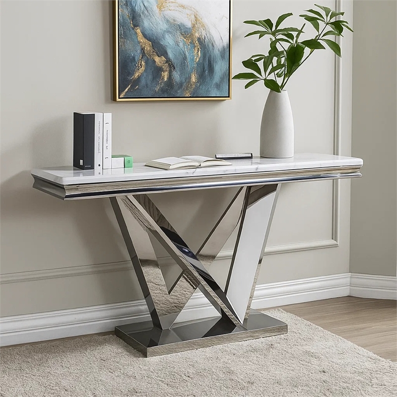 Sofa Console Table- Beveled Faux Marble- Chrome Steel V-Base