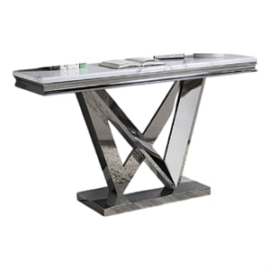 Sofa Console Table- Beveled Faux Marble- Chrome Steel V-Base