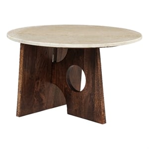 Coffee Table- 27&quot Round Marble Tabletop- Brown Mango Wood Base