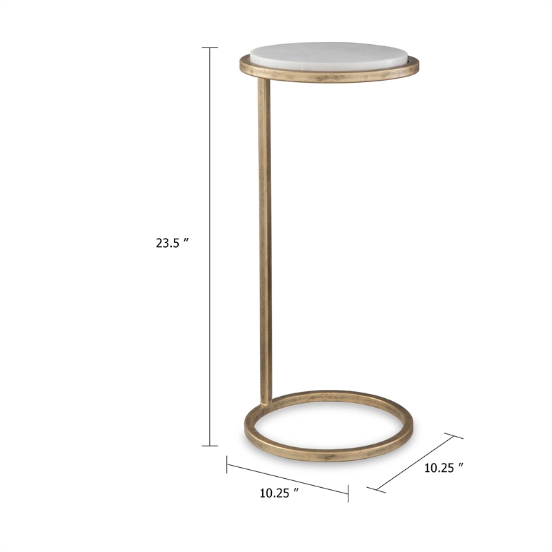 Accent Table- 10 Inch Round White Marble Top- Retro Gold Iron