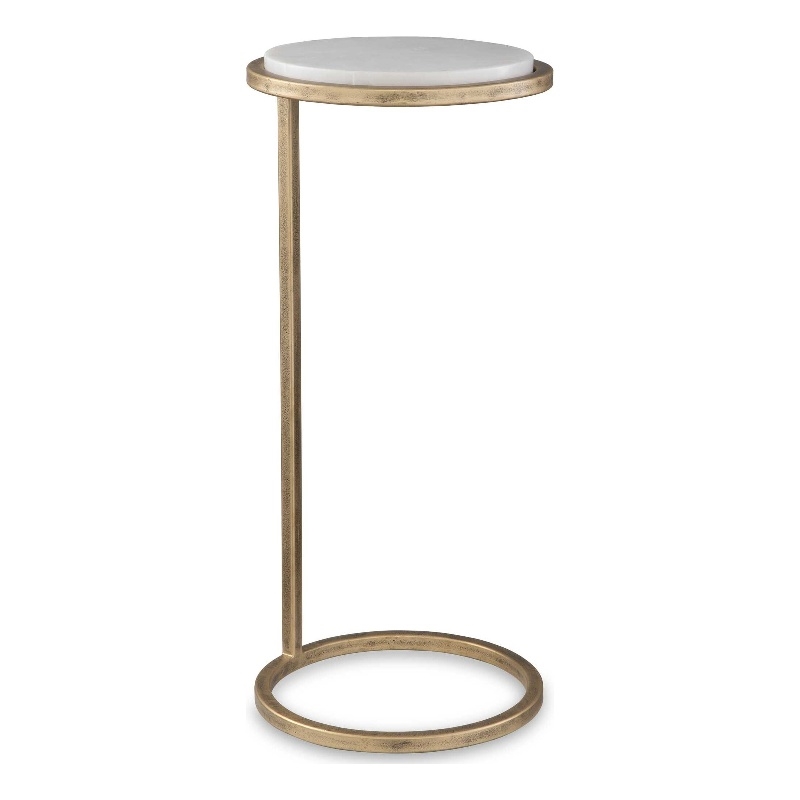 Accent Table- 10 Inch Round White Marble Top- Retro Gold Iron