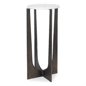 Accent Table- 12 Inch Round White Marble Top- Brass Bronze Legs