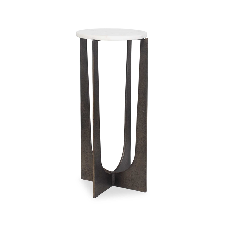 Accent Table- 12 Inch Round White Marble Top- Brass Bronze Legs