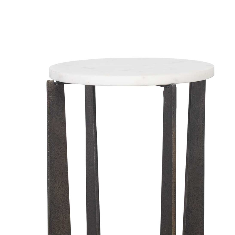 Accent Table- 12 Inch Round White Marble Top- Brass Bronze Legs