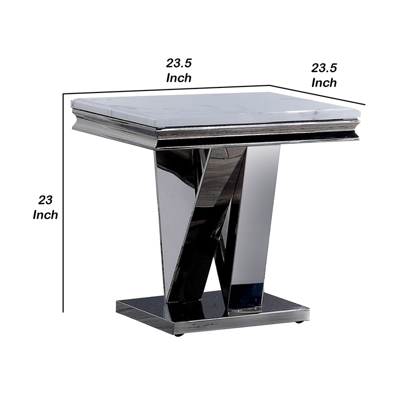 Side End Table- 24 Inch Faux Marble Top- V-Style Chrome Pedestal