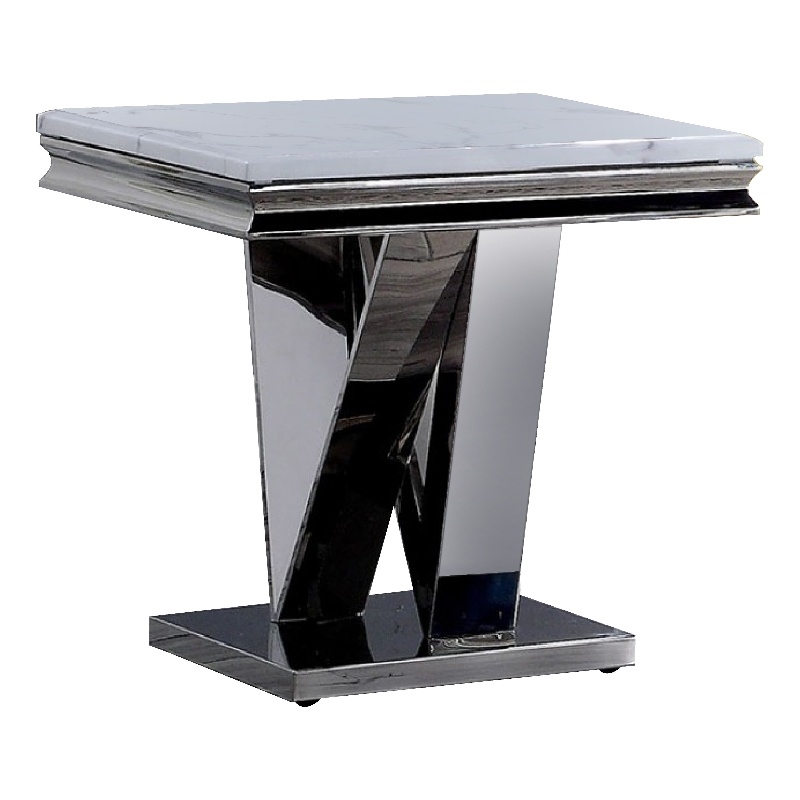 Side End Table- 24 Inch Faux Marble Top- V-Style Chrome Pedestal