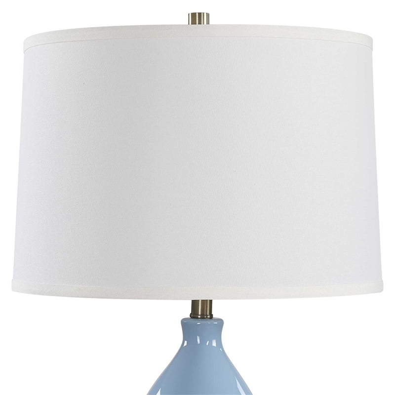 Table Lamp- White Linen Shade- Blue Gourd Ceramic Body- 26 Inch