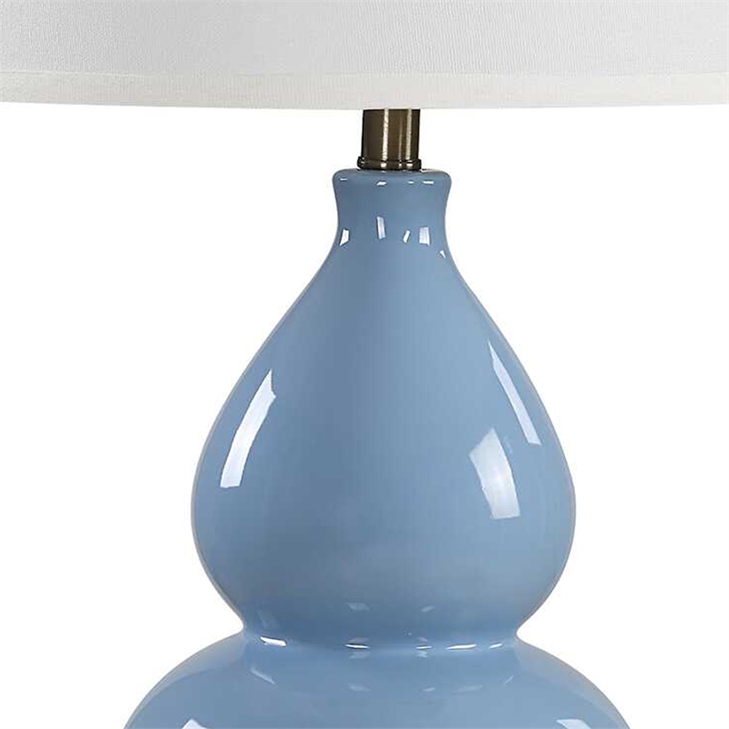 Table Lamp- White Linen Shade- Blue Gourd Ceramic Body- 26 Inch