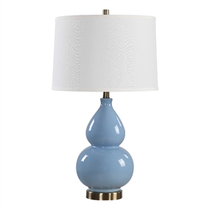 Table Lamp- White Linen Shade- Blue Gourd Ceramic Body- 26 Inch