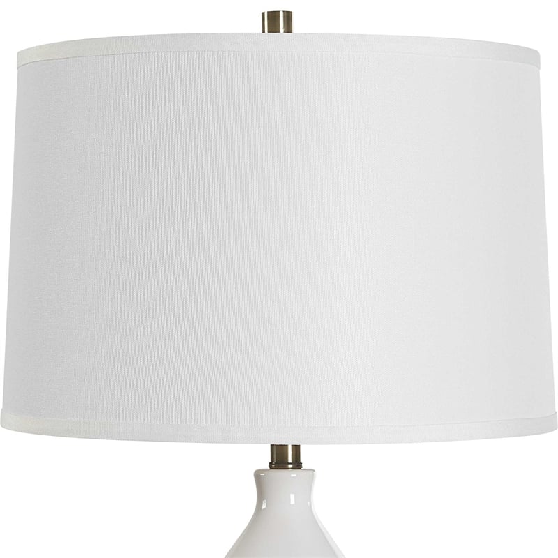 Table Lamp- White Linen Shade- White Gourd Ceramic Body- 26 Inch