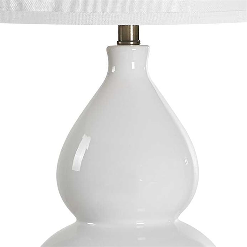 Table Lamp- White Linen Shade- White Gourd Ceramic Body- 26 Inch
