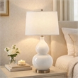 Table Lamp- White Linen Shade- White Gourd Ceramic Body- 26 Inch