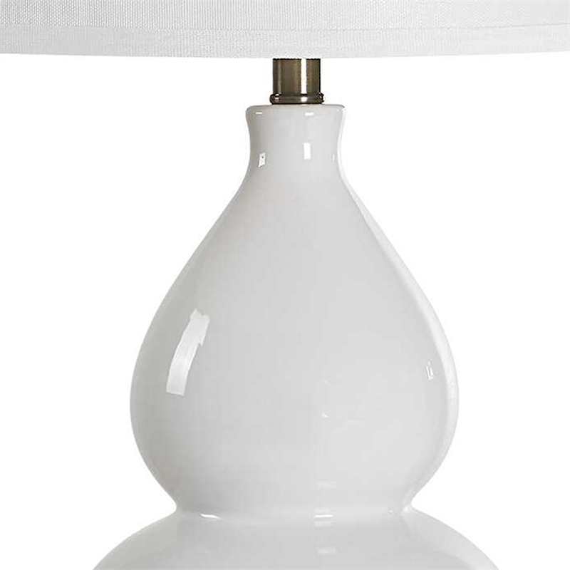Table Lamp- White Linen Shade- White Gourd Ceramic Body- 26 Inch
