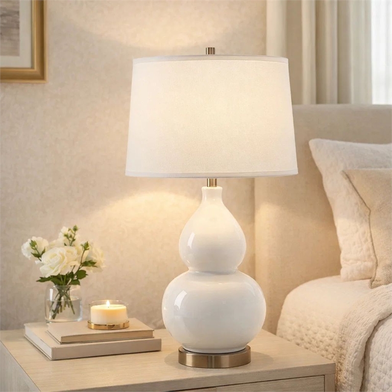 Table Lamp- White Linen Shade- White Gourd Ceramic Body- 26 Inch