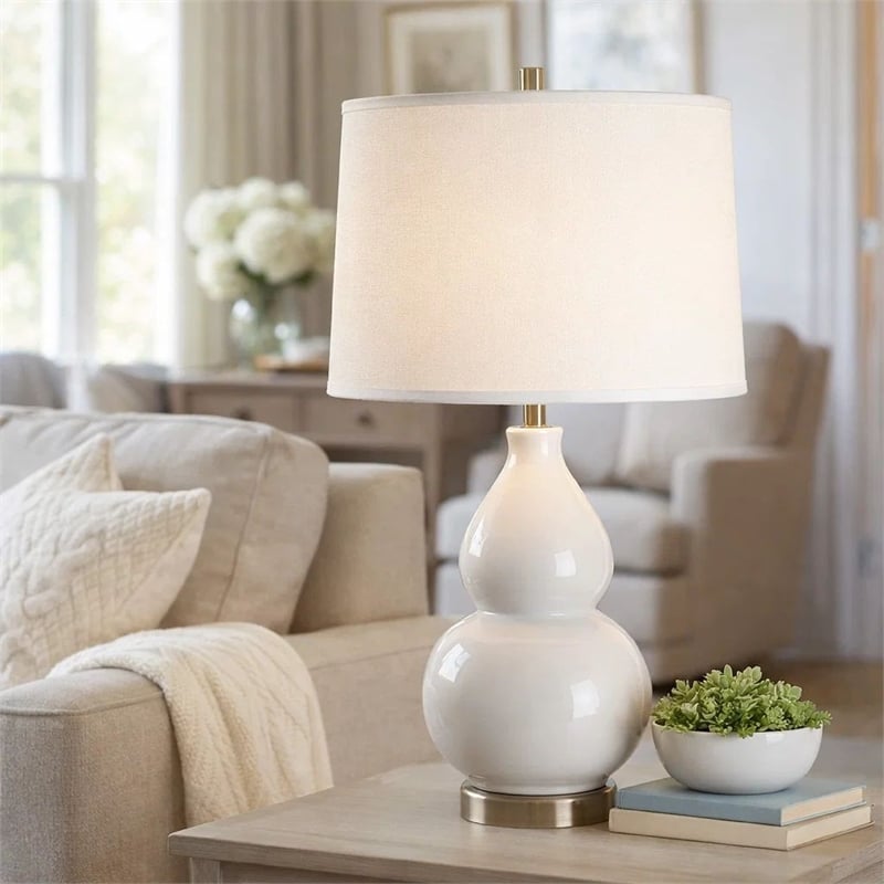 Table Lamp- White Linen Shade- White Gourd Ceramic Body- 26 Inch