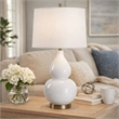 Table Lamp- White Linen Shade- White Gourd Ceramic Body- 26 Inch