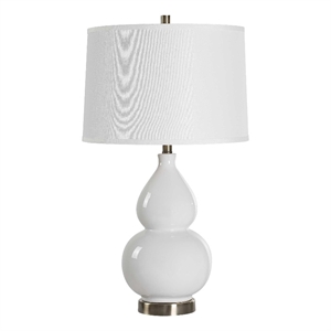 Table Lamp- White Linen Shade- White Gourd Ceramic Body- 26 Inch