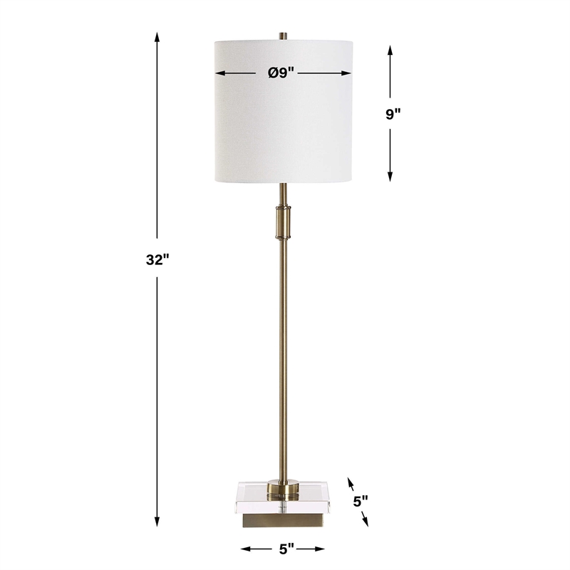 Table Lamp- Crystal Base- White Linen Shade- 32 Inch Antique Brass