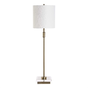 Table Lamp- Crystal Base- White Linen Shade- 32 Inch Antique Brass