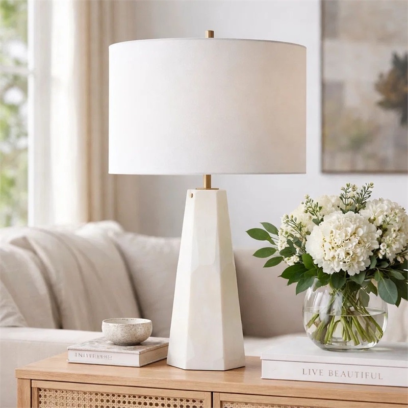 Table Lamp- Cream Marble Base- Off White Linen Shade- 23 Inch