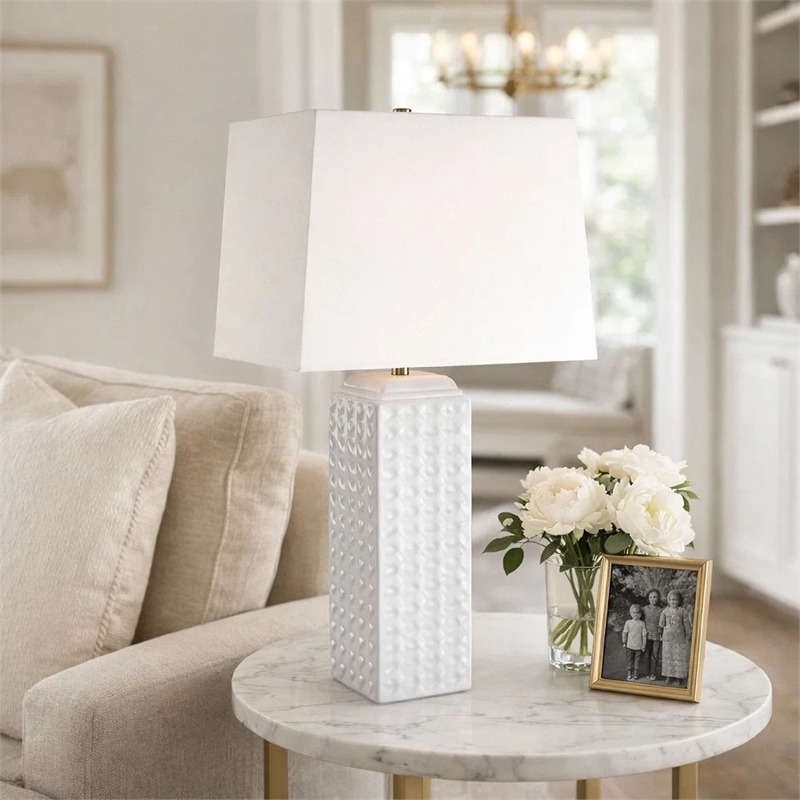 Table Lamp- Linen Shade- Gloss White Ceramic- 25 Inch