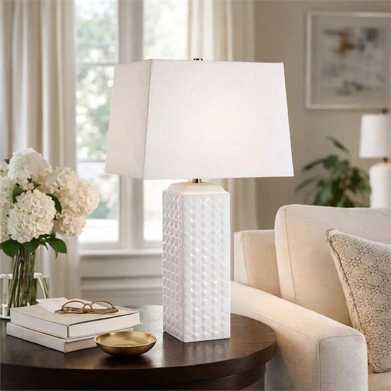 Table Lamp- Linen Shade- Gloss White Ceramic- 25 Inch