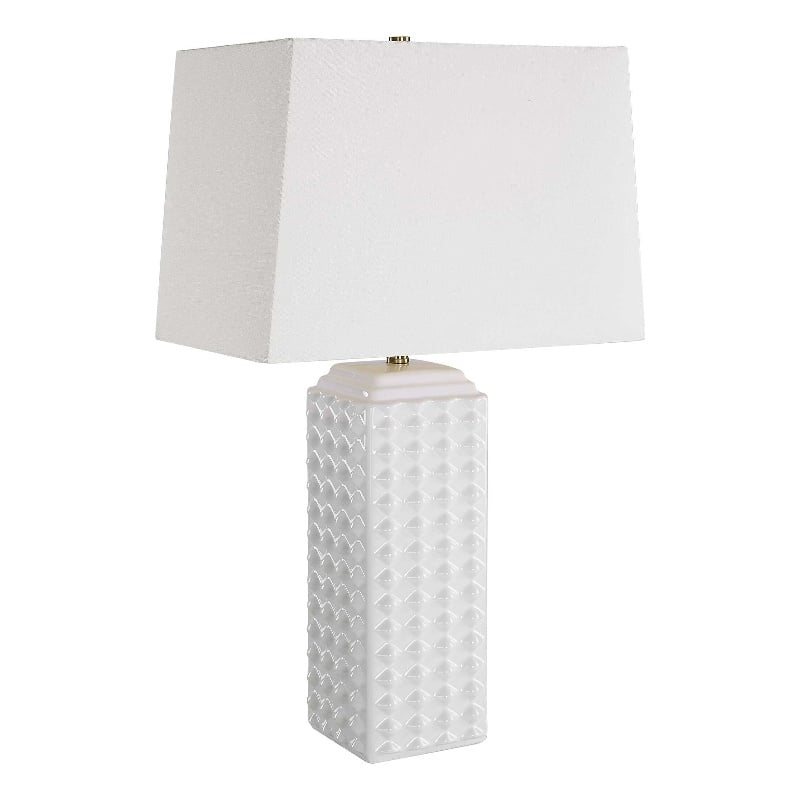 Table Lamp- Linen Shade- Gloss White Ceramic- 25 Inch