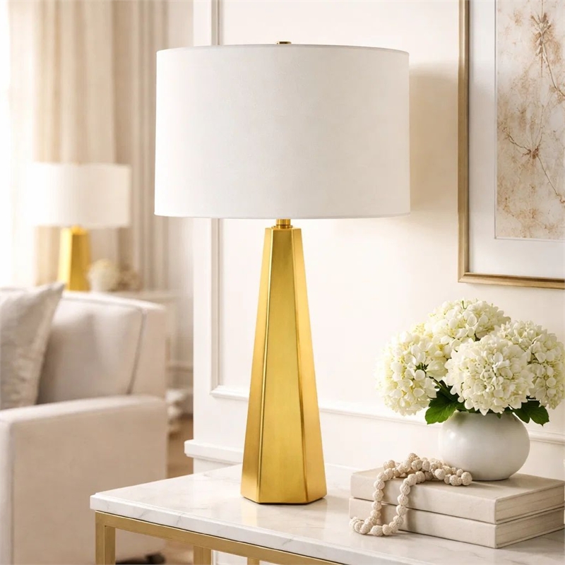 Table Lamp- White Linen Shade- Geometric Base- 28 Inch