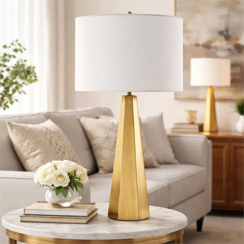 Table Lamp- White Linen Shade- Geometric Base- 28 Inch