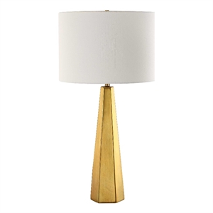 Table Lamp- White Linen Shade- Geometric Base- 28 Inch