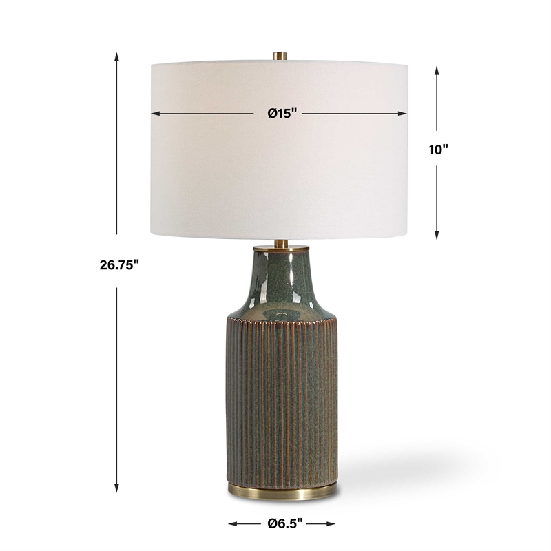 Table Lamp- White Linen Shade- Ribbed Ceramic Base- 27 Inch