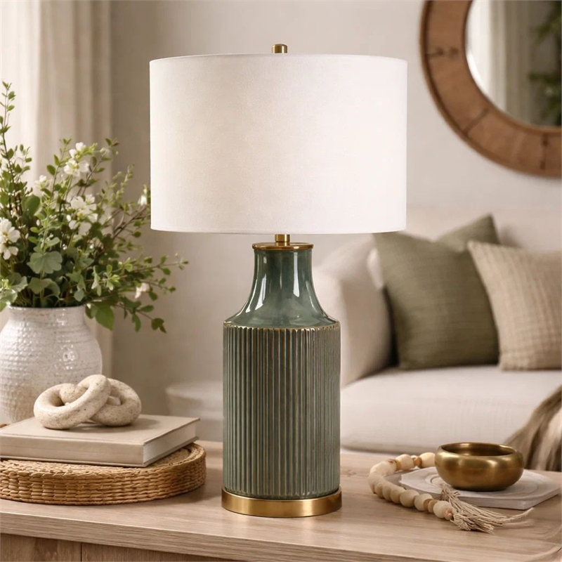 Table Lamp- White Linen Shade- Ribbed Ceramic Base- 27 Inch