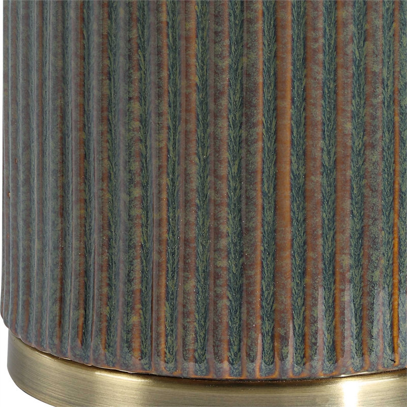 Table Lamp- White Linen Shade- Ribbed Ceramic Base- 27 Inch