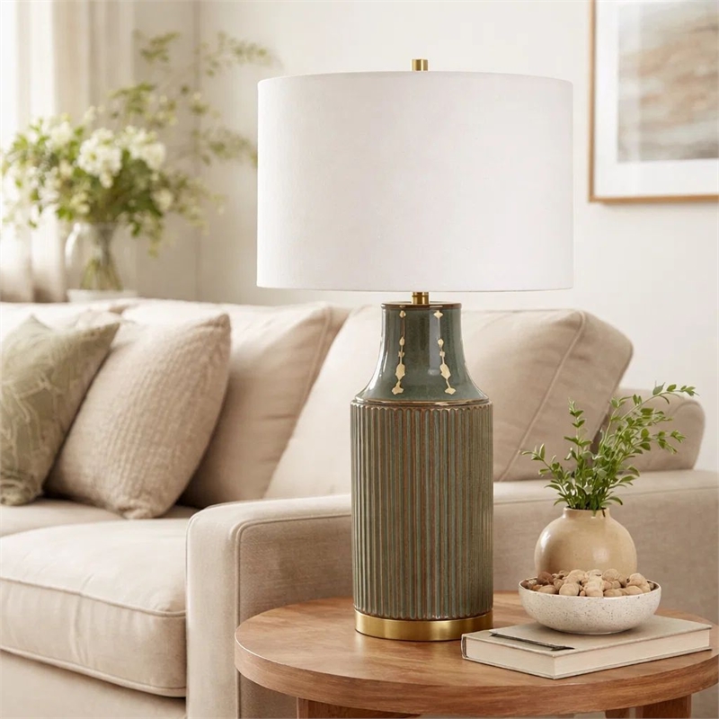 Table Lamp- White Linen Shade- Ribbed Ceramic Base- 27 Inch