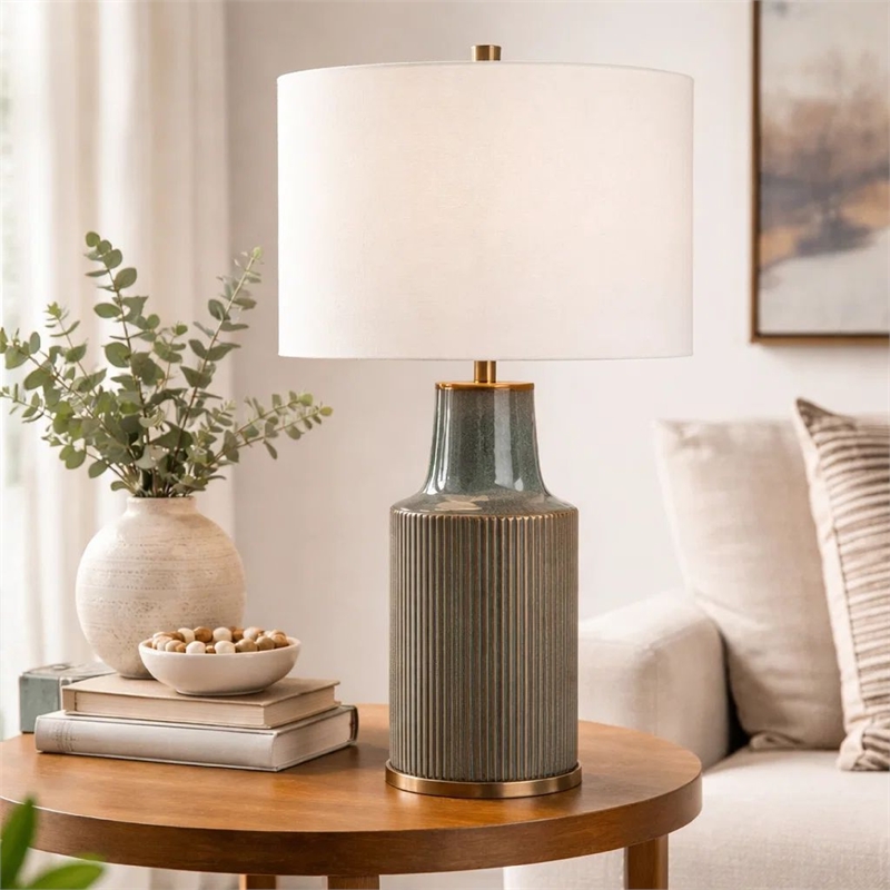 Table Lamp- White Linen Shade- Ribbed Ceramic Base- 27 Inch