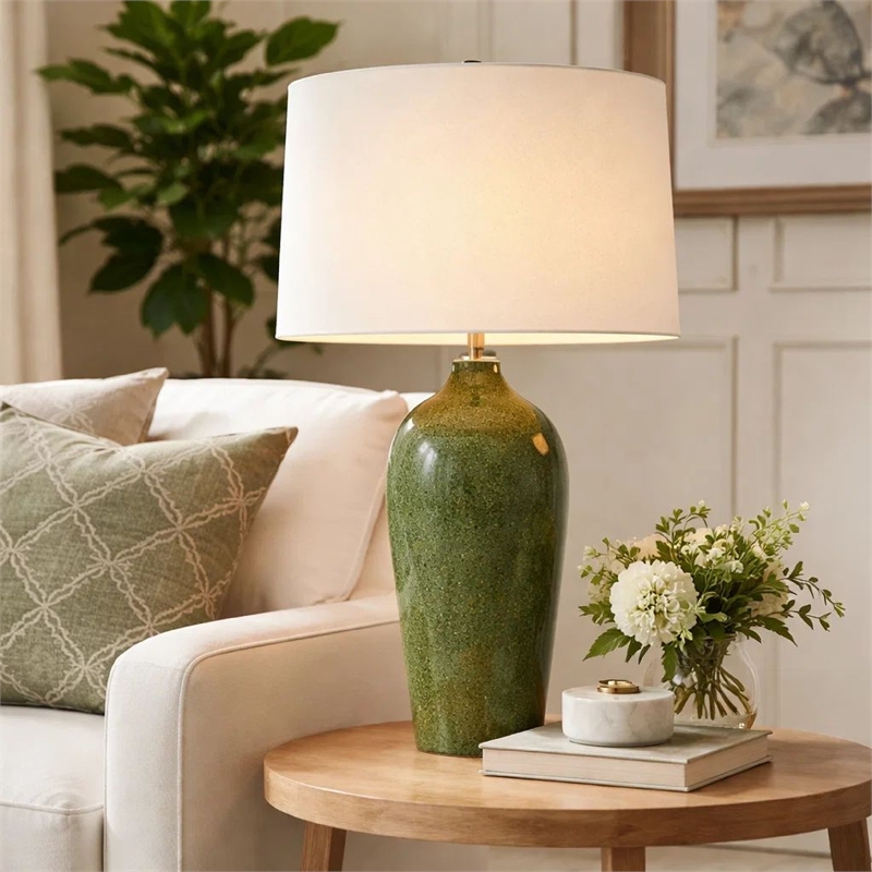 Table Lamp- Beige Linen Shade- Ceramic 28 Inch