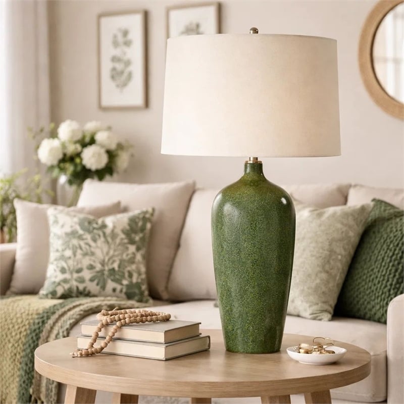 Table Lamp- Beige Linen Shade- Ceramic 28 Inch