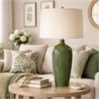 Table Lamp- Beige Linen Shade- Ceramic 28 Inch