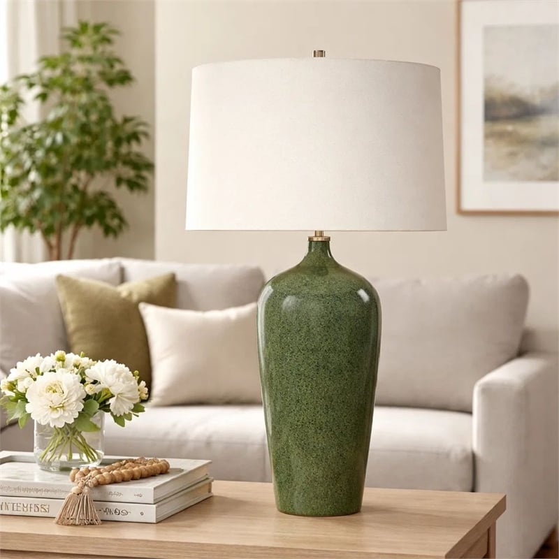 Table Lamp- Beige Linen Shade- Ceramic 28 Inch