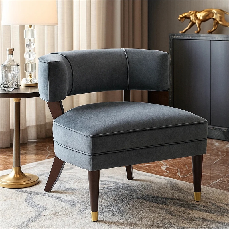 Accent Armchair- Barrel Back Design- Gray Velvet- Solid Wood Legs