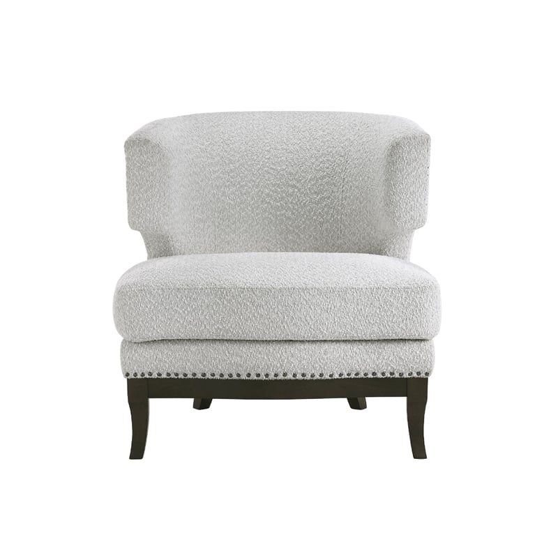 Accent Chair- Barrel Back- Gray Boucle w Nailheads- Brown Wood