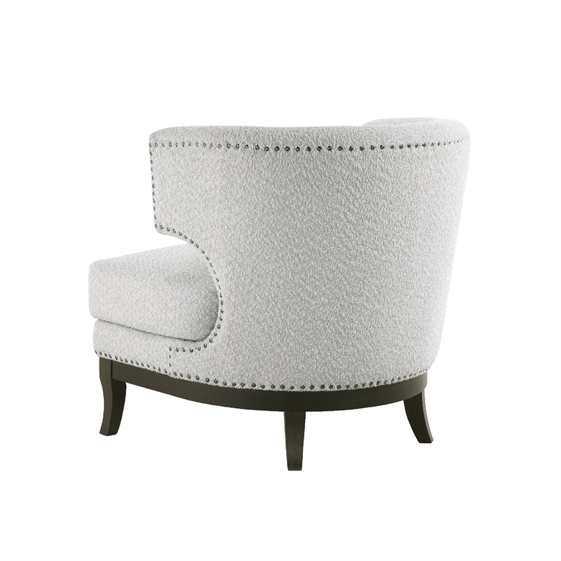Accent Chair- Barrel Back- Gray Boucle w Nailheads- Brown Wood